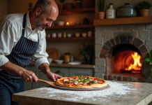 Homme en veste de chef prépare une pizza dans une cuisine chaleureuse