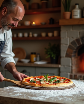 Homme en veste de chef prépare une pizza dans une cuisine chaleureuse