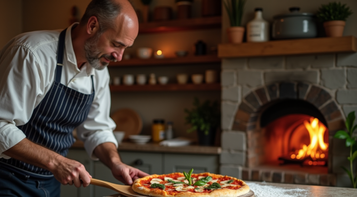 Homme en veste de chef prépare une pizza dans une cuisine chaleureuse