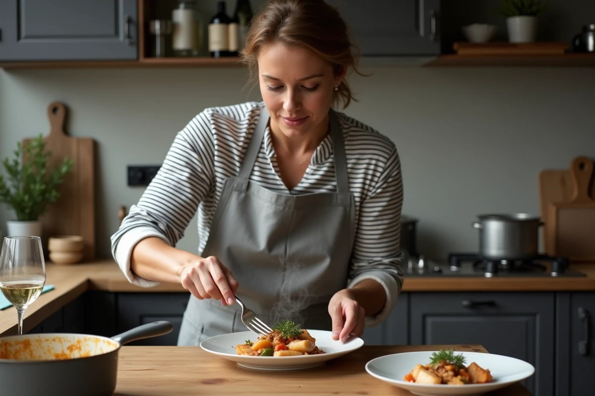 Femme cuisinant une choucroute aux poissons express dans une cuisine du quotidien, servant le plat dans une assiette blanche