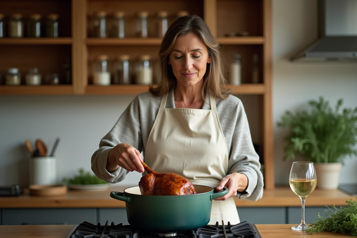 Femme cuisinant des cuisses de canard dans une cocotte sur une cuisinière à gaz dans une cuisine familiale authentique avec vin blanc