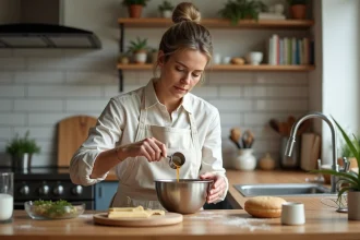Femme en tablier verse un liquide dans un bol en cuisine