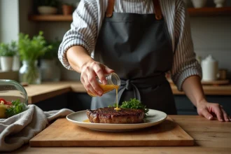 Femme versant sauce échalote sur un steak dans une cuisine chaleureuse