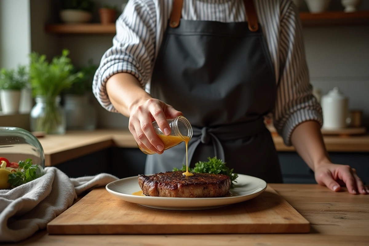 Femme versant sauce échalote sur un steak dans une cuisine chaleureuse