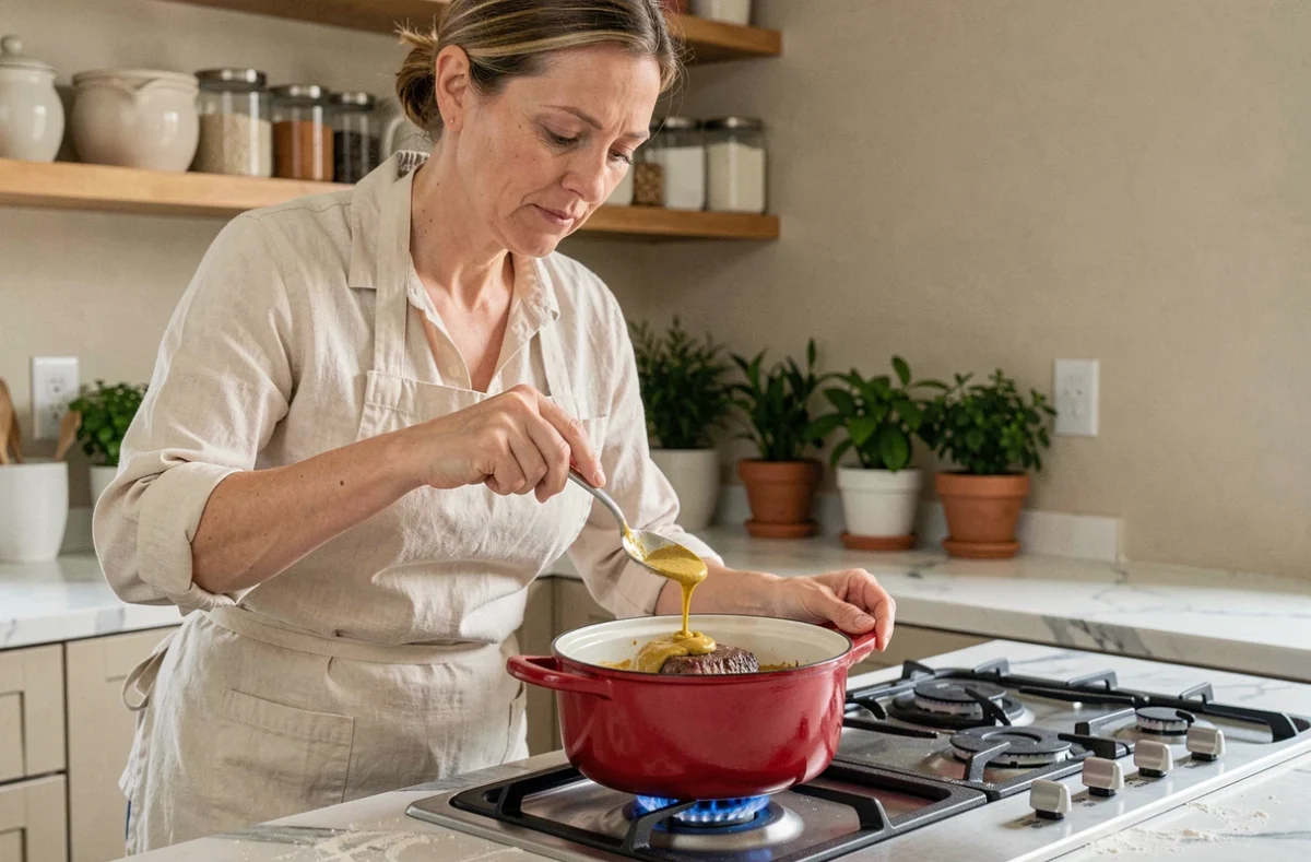 Cuisinière versant une sauce moutarde sur un filet mignon en cocotte rouge émaillée sur une cuisinière à gaz dans une cuisine maison