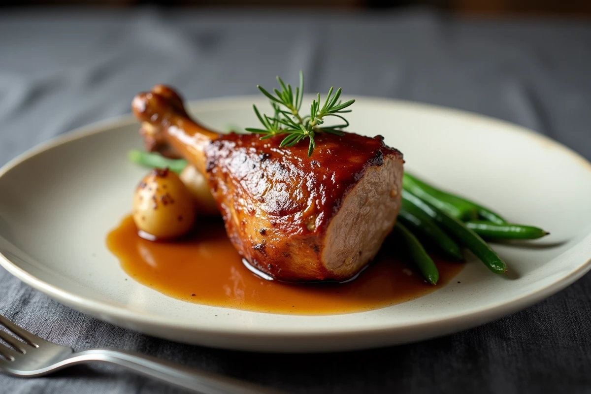 Cuisse de canard au vin blanc dressée dans une assiette céramique avec sauce réduite, pommes de terre rôties et haricots verts