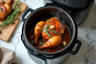 Cuisse de poulet dorée et caramélisée dans un Cookeo avec thym frais et ail rôti sur plan de travail en marbre blanc