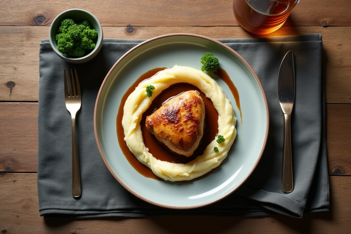 Cuisse de poulet façon chef dressée sur assiette avec purée et jus corsé, préparée au Cookeo, vue de dessus