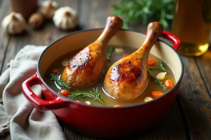 Cuisses de canard dorées mijotant dans une cocotte en fonte émaillée avec vin blanc, ail et thym sur une table en bois rustique