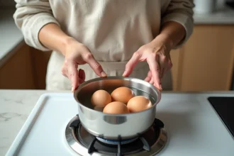 Femme plaçant délicatement des œufs crus dans une casserole d'eau froide sur une cuisinière moderne pour une cuisson parfaite
