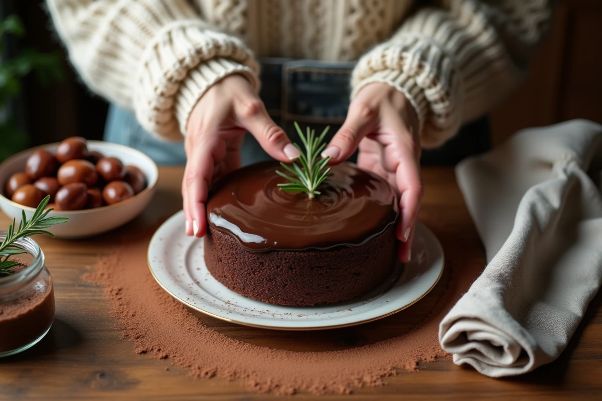 Mains de femme décorant un gâteau au marron maison avec du romarin frais et des marrons glacés sur un plan de travail en bois