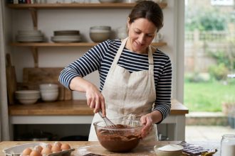 Femme préparant une mousse au chocolat rapide dans une cuisine familiale avec des ingrédients simples sur un plan de travail en bois