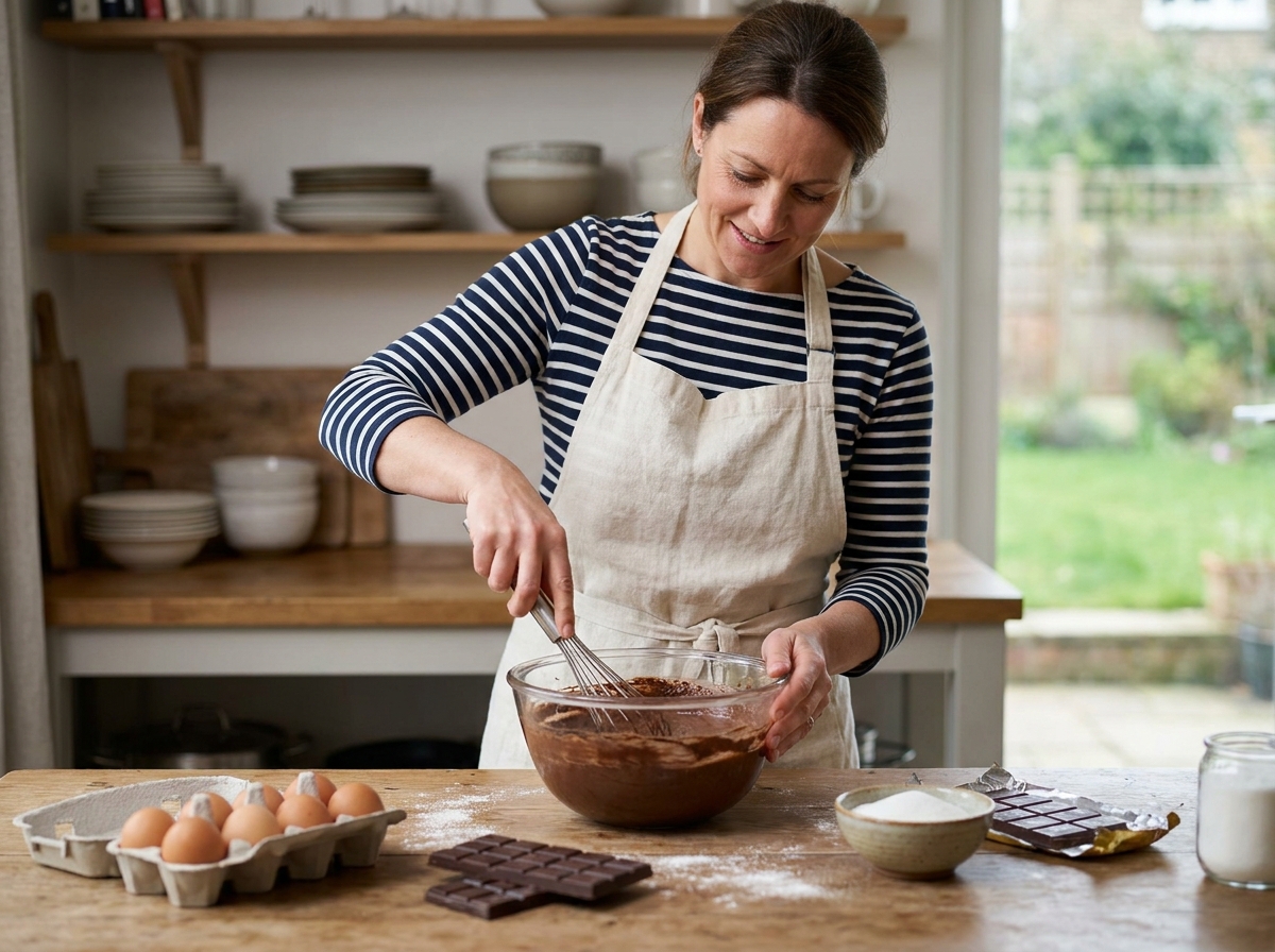 Femme préparant une mousse au chocolat rapide dans une cuisine familiale avec des ingrédients simples sur un plan de travail en bois
