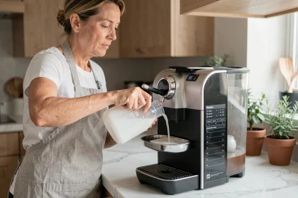 Femme versant une solution détartrante dans une machine Nespresso Magimix sur un plan de travail en marbre blanc