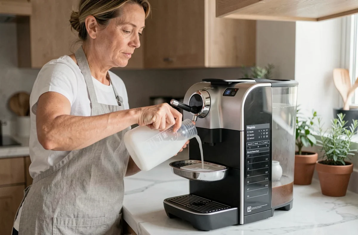 Femme versant une solution détartrante dans une machine Nespresso Magimix sur un plan de travail en marbre blanc