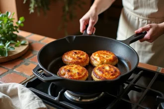 Femme faisant dorer des paupiettes de porc dans une poêle en fonte sur une cuisinière à gaz dans une cuisine rustique française