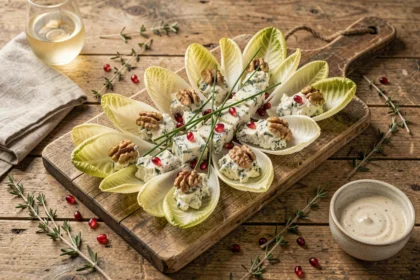 Barquettes d'endives apéro froides garnies de fromage bleu et noix sur une planche en bois rustique