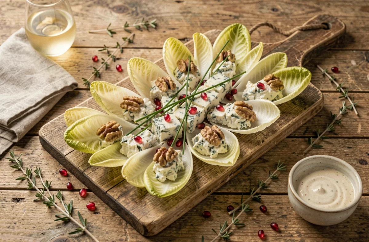 Barquettes d'endives apéro froides garnies de fromage bleu et noix sur une planche en bois rustique