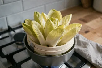 Endives entières dans un panier vapeur en céramique posé sur une casserole, prêtes à cuire sans amertume