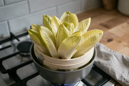 Endives entières dans un panier vapeur en céramique posé sur une casserole, prêtes à cuire sans amertume