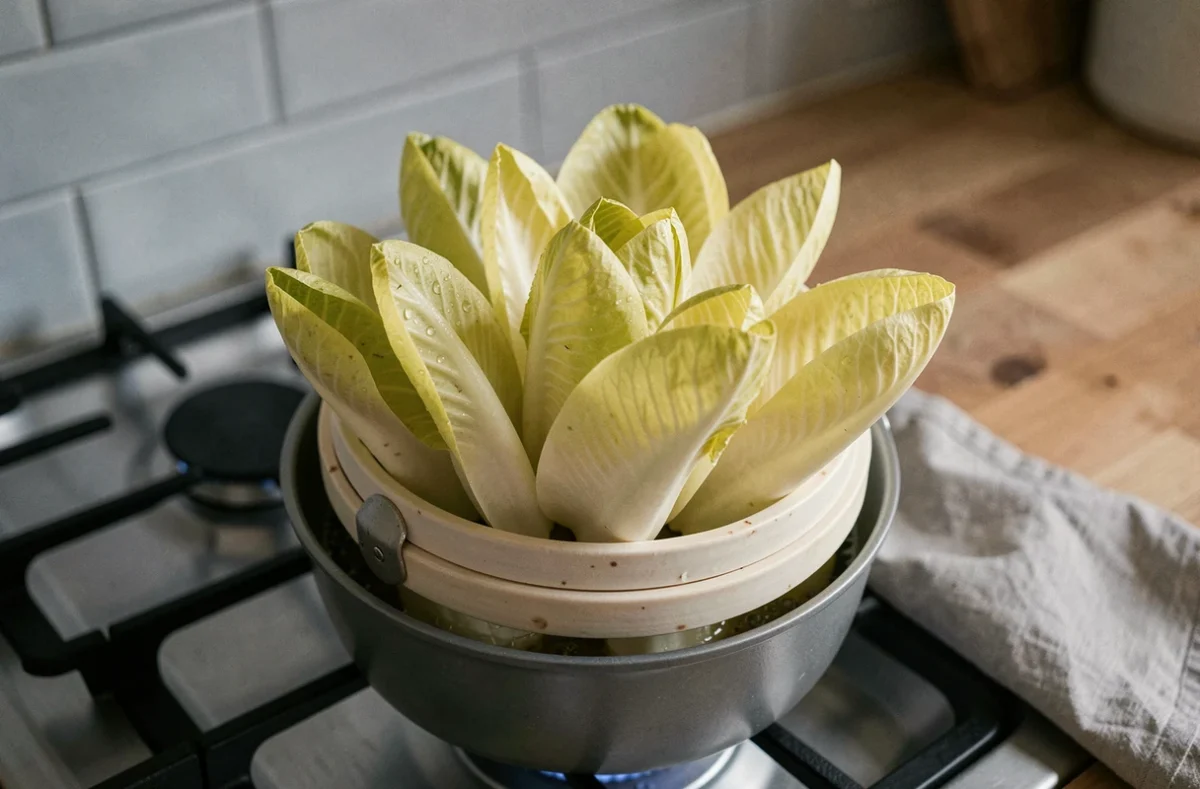 Endives entières dans un panier vapeur en céramique posé sur une casserole, prêtes à cuire sans amertume