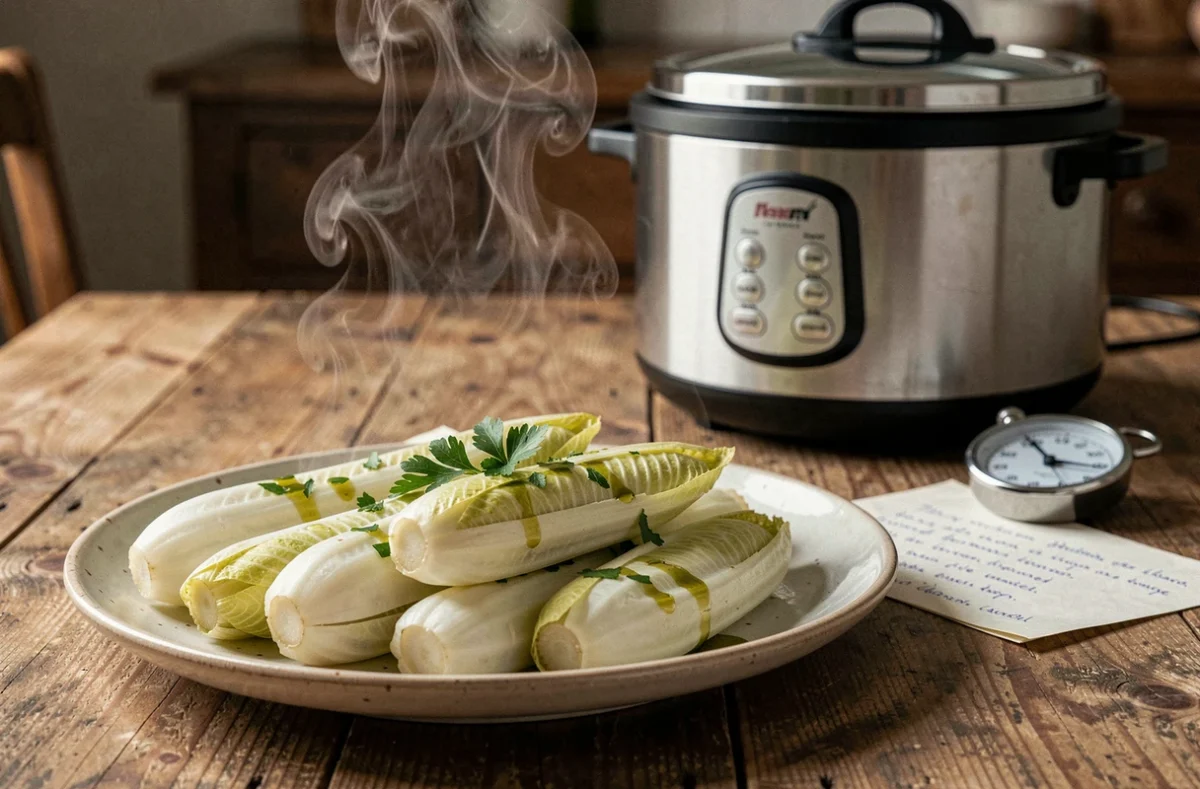 Assiette d'endives cuites à la cocotte minute servies avec du persil frais sur une table en bois rustique