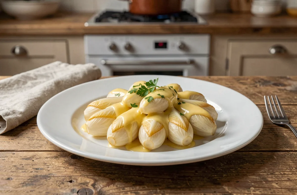 Assiette d'endives cuites au micro-ondes nappées d'une sauce beurre citron et parsemées de persil frais