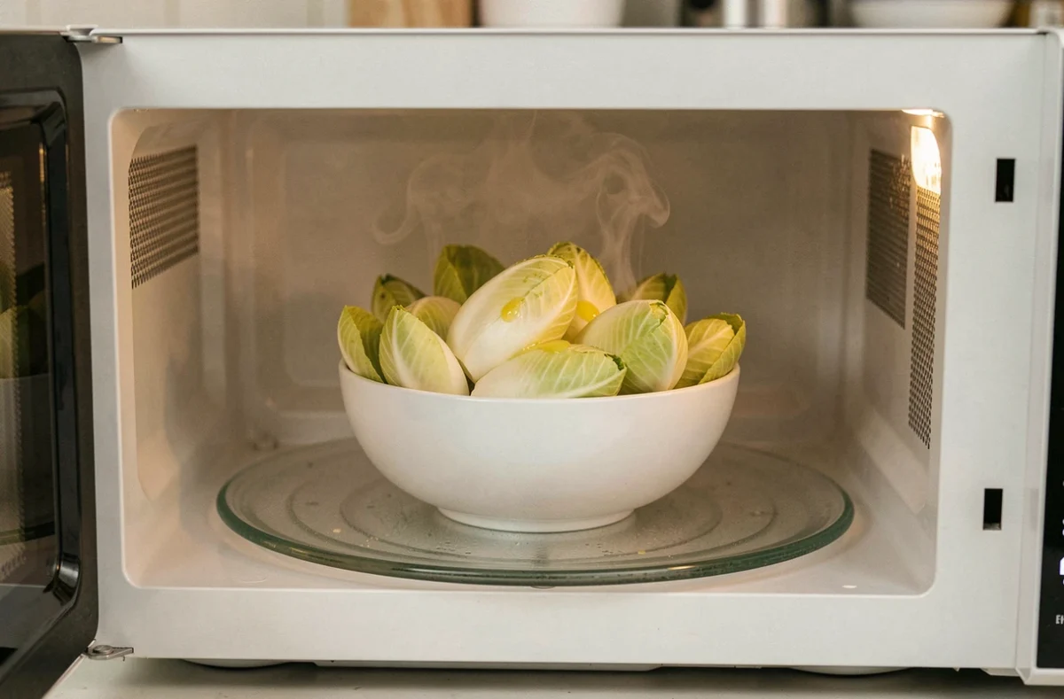 Endives fraîches dans un bol en céramique blanche placé dans un micro-ondes ouvert avec de la vapeur légère