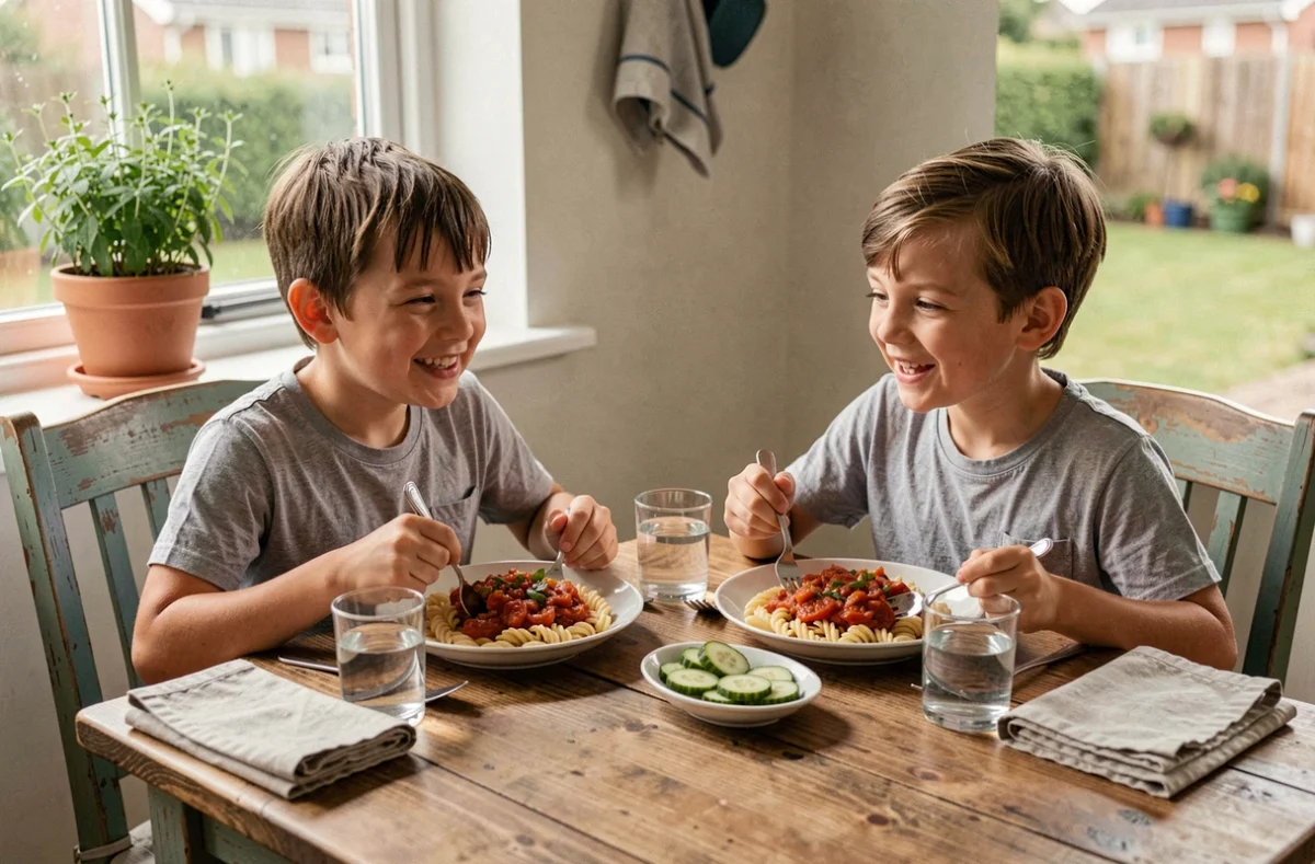 Deux enfants mangeant un dîner équilibré de pâtes complètes avec sauce légumes dans un coin repas cosy
