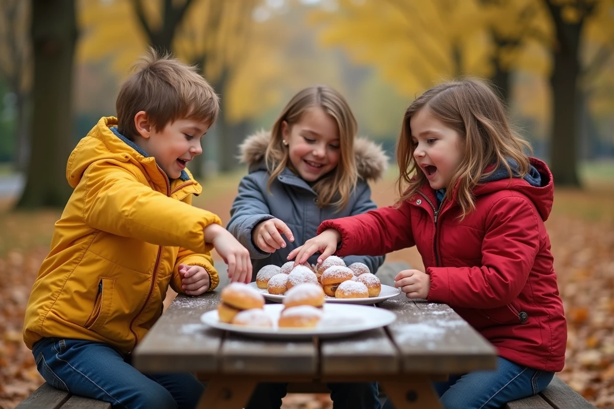 Trois enfants partageant des beignets à la banane en plein air