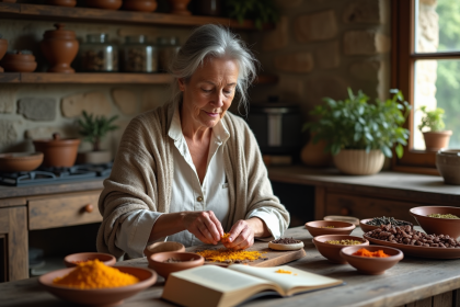 Femme européenne triant des épices colorées dans une cuisine ancienne