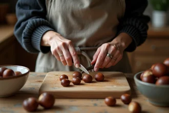 Femme épluchant des châtaignes avec un couteau sur une planche en bois, technique de découpe anti-gaspillage