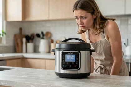 Femme regardant un message d'erreur sur l'écran d'un Cookeo posé sur un plan de travail de cuisine moderne