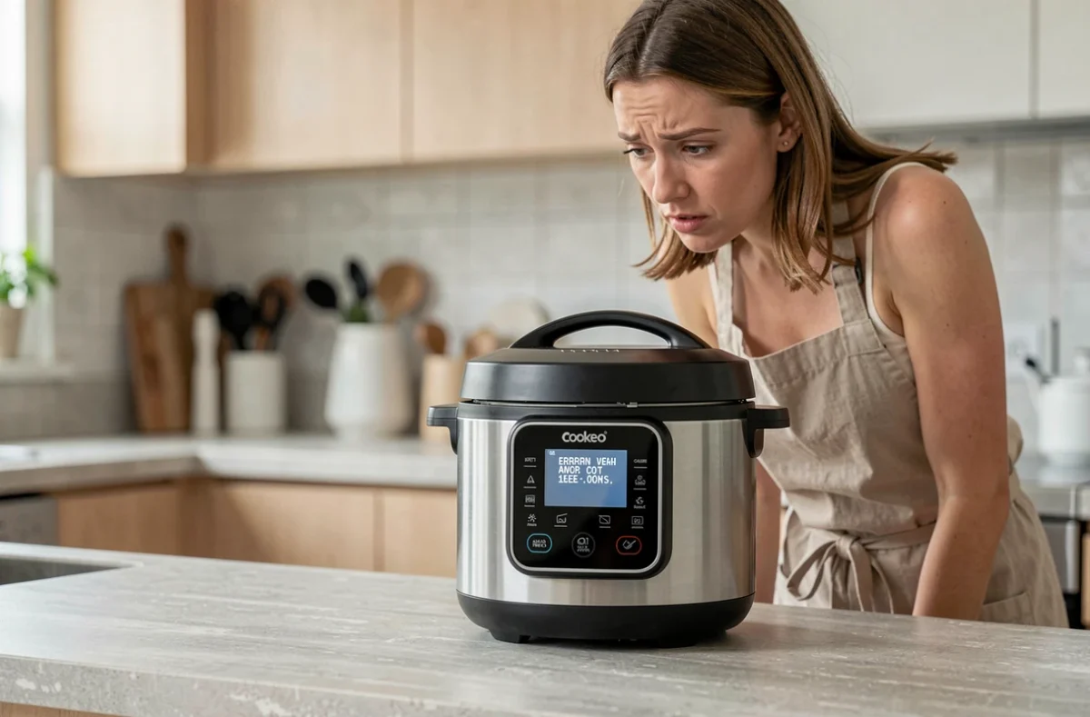 Femme regardant un message d'erreur sur l'écran d'un Cookeo posé sur un plan de travail de cuisine moderne