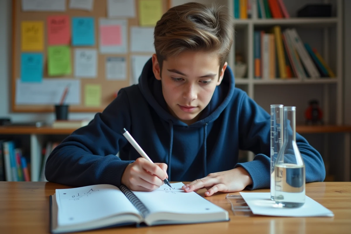 Étudiant prenant des notes de conversion centilitres en litres dans un cahier avec des fioles graduées sur un bureau, astuces mémotechniques pour les unités de mesure
