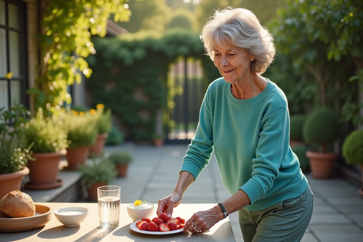 Femme active en extérieur préparant un plateau de fruits