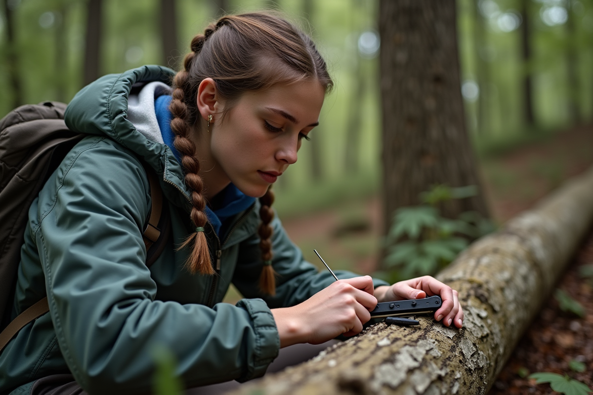 Jeune femme en randonnée affûte un couteau dans la forêt