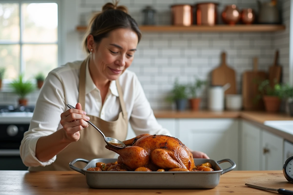Femme arrosant un poulet fermier rôti de 1,5 kg en cours de cuisson au four dans une cuisine rustique moderne