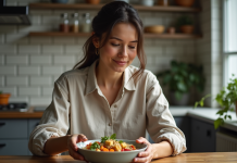 Protéine végétale pour le soir : quel choix privilégier ? Femme préparant un bol de protéines végétales dans la cuisine