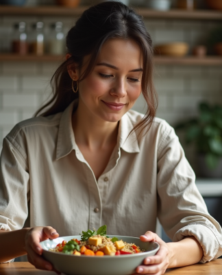 Femme préparant un bol de protéines végétales dans la cuisine