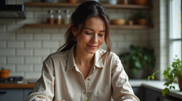 Femme préparant un bol de protéines végétales dans la cuisine