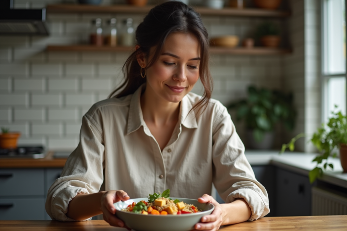 Femme préparant un bol de protéines végétales dans la cuisine