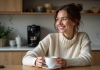 Femme détendue avec tasse de café dans une cuisine moderne