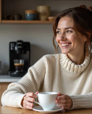 Femme détendue avec tasse de café dans une cuisine moderne