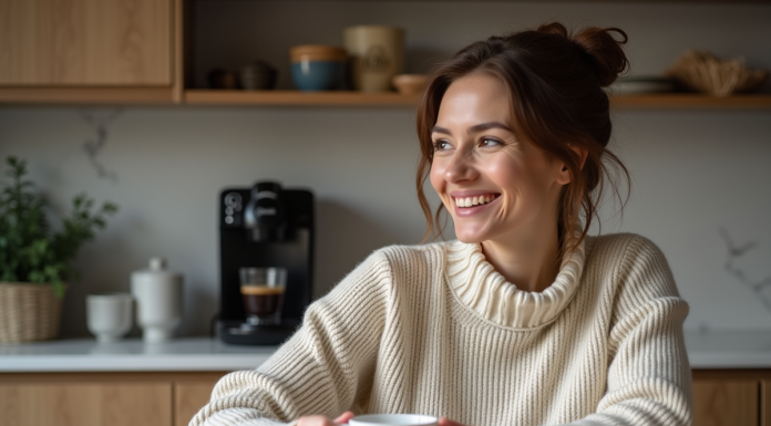 Femme détendue avec tasse de café dans une cuisine moderne