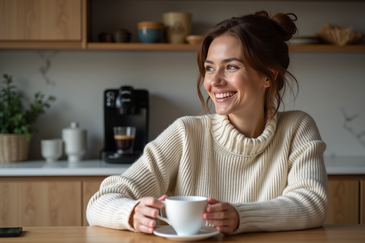 Femme détendue avec tasse de café dans une cuisine moderne