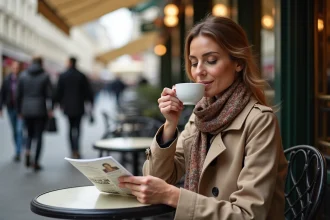 Femme élégante buvant un espresso à Paris