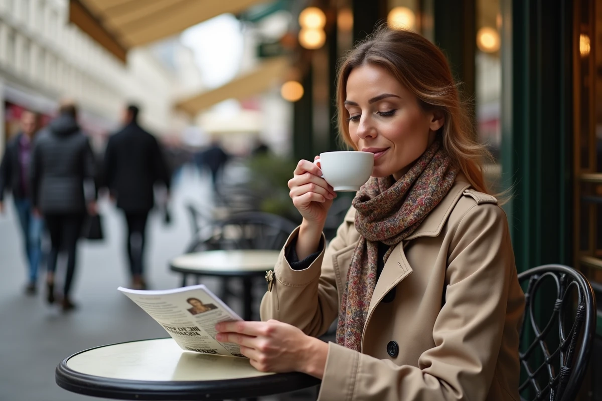 Femme élégante buvant un espresso à Paris