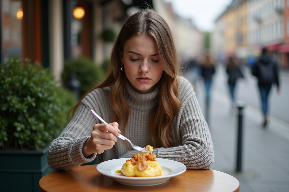 Jeune femme hésitante avec un plat d