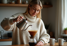 Femme versant de l'eau chaude sur un filtre à café dans une cuisine chaleureuse